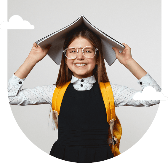 smiling-girl-with-glasses-holds-a-book-over-her-head-like-a-roof